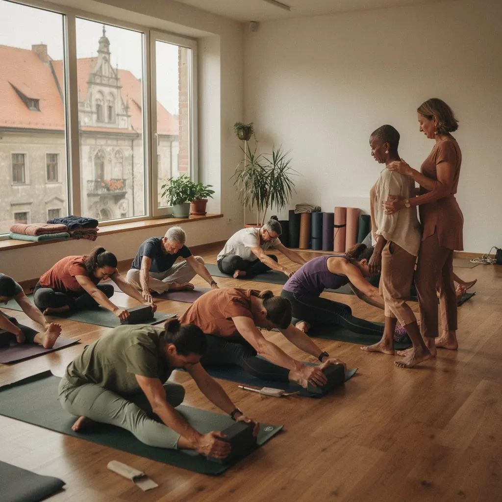 Instruktor jogi demonstrujący techniki oddechowe, wspierające mobilność i zdrowie stawów.