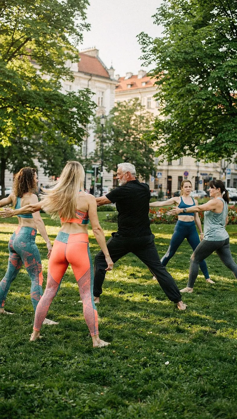 Grupa osób ćwiczących jogę w parku, promująca zdrowie stawów i naturalne zapobieganie sztywności.