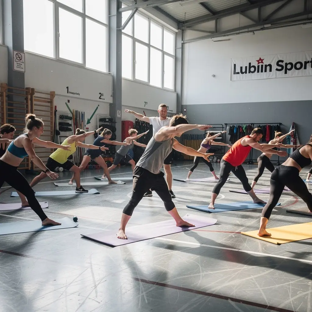 Grupa osób uczestniczących w zajęciach jogi, skupionych na technikach oddechowych i relaksacji.