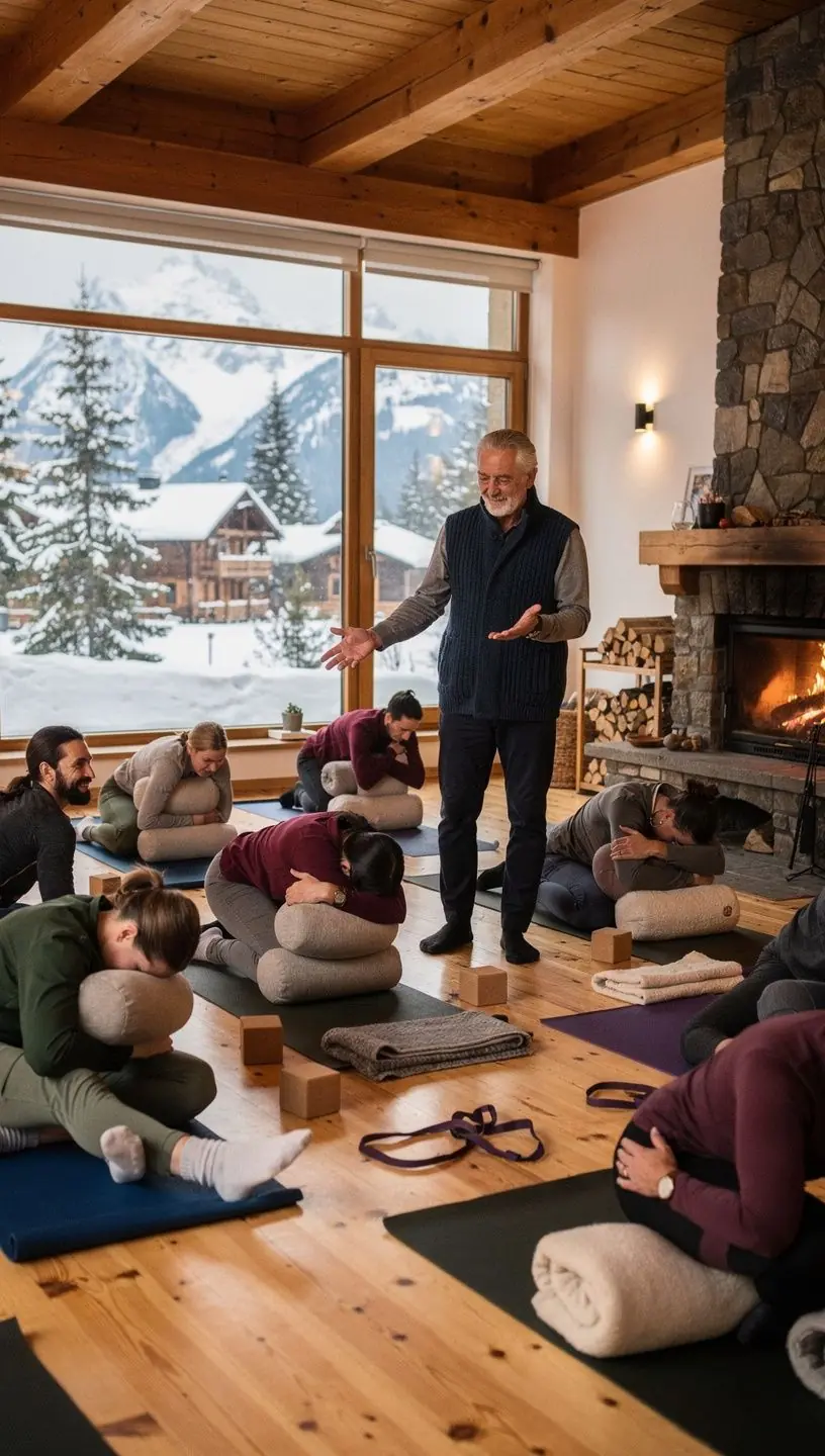 Grupa osób uczestniczących w zajęciach jogi, skupionych na technikach oddechowych i relaksacji.