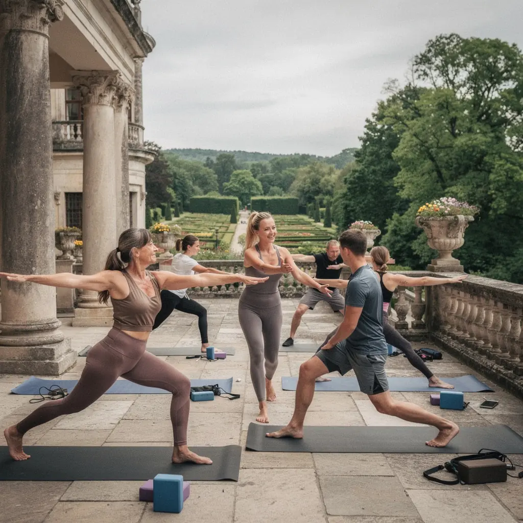 Grupa osób uczestniczących w zajęciach jogi, skupionych na technikach oddechowych i relaksacji.