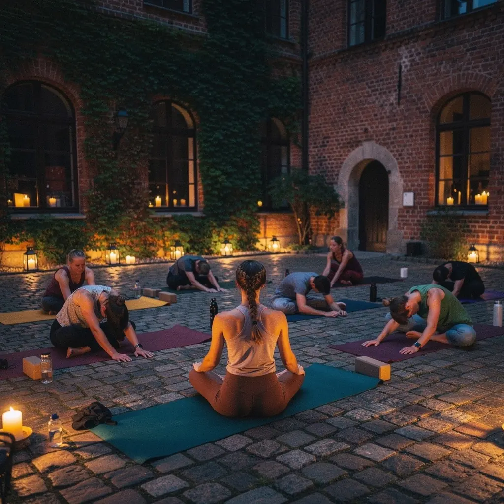 Grupa osób uczestniczących w zajęciach jogi, skupionych na technikach oddechowych i relaksacji.