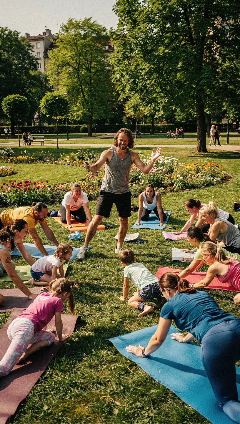 Grupa osób uczestniczących w zajęciach jogi, skupionych na technikach oddechowych i relaksacji.