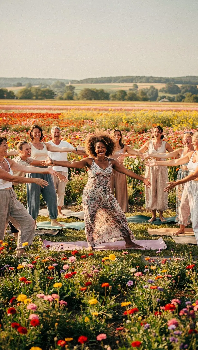 Grupa osób uczestniczących w zajęciach jogi, skupionych na technikach oddechowych i relaksacji.